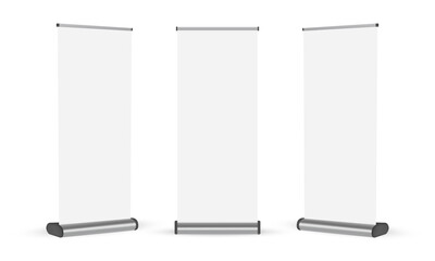 Roll-Up Banner Mockup, Front And Side View Isolated On White Background. Vector Illustration