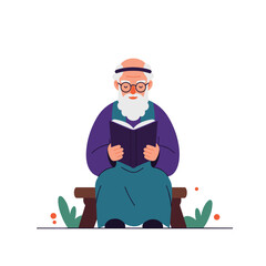 Elderly man reading holy book while sitting on bench among plants  
