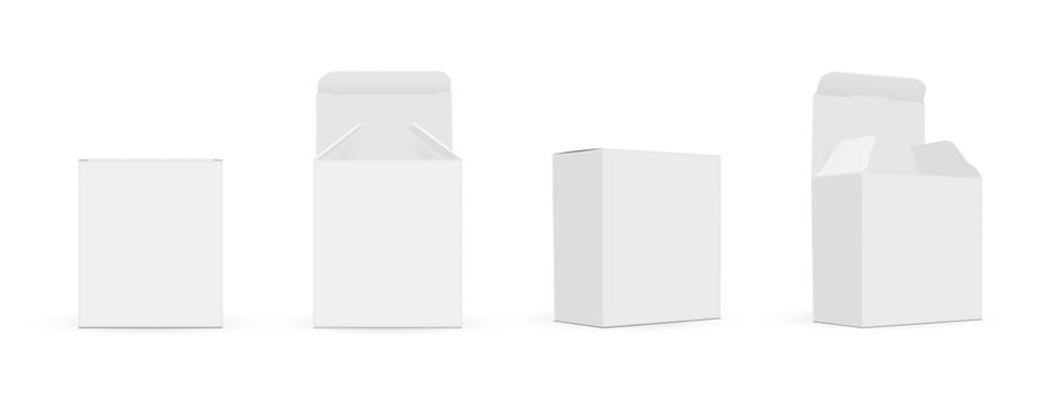 Set Of Small Square Packaging Boxes Mockups, Front and Side View, Opened and Closed Lid, Isolated On White Background. Vector Illustration