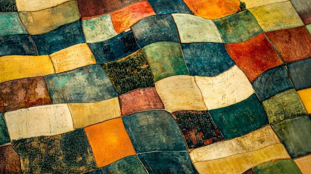 Abstract patchwork design with vibrant colors and varied textures