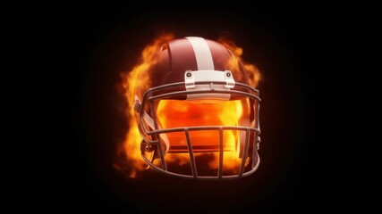 Fiery Football Helmet - A maroon football helmet engulfed in flames against a black background. The intense orange and red hues of the fire highlight the helmet's details