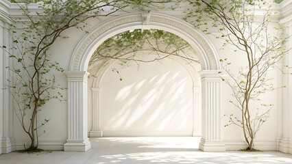 Elegant white architecture with arched entrance and natural foliage emphasizing tranquility