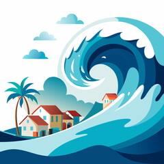Naklejka premium Tsunami Wave Coastal Disaster Vector Illustration