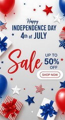 Festive independence day sale advertisement with patriotic balloons and decorations
