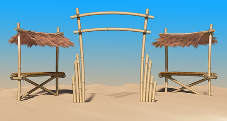 Bamboo gate and bamboo counters with thatched roof on the sandy beach. 3d illustration