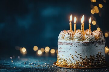 Birthday cake with four lit candles,  gold sprinkles, and white frosting on a dark background