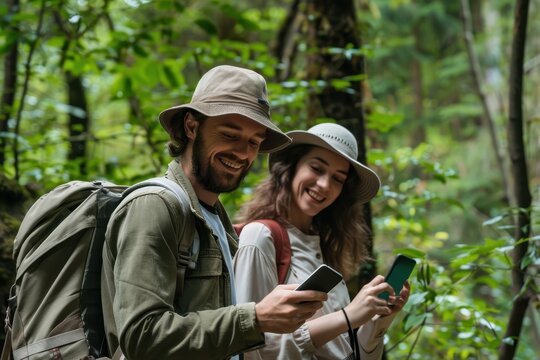 Happy couple of hikers uses smartphones in a forest, checking maps or sharing their adventures