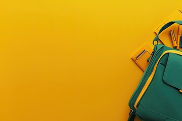 Teal backpack and supplies on a bright yellow background