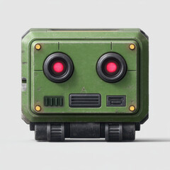 Fototapeta premium Green robotic device with boxy shape, featuring two red glowing eyes, small vents, and rugged design, set against plain