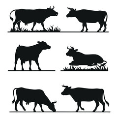 Black Vector Silhouettes Set of Cows – Farm Animal Collection