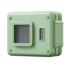 Fototapeta premium Green electronic device with square display screen, control buttons, and compact, boxy design, possibly control panel