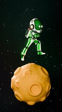 Alien Astronaut Runs Towards Spinning Moon. Green alien astronaut in spacesuit hopping in low gravity on rotating moon asteroid. Each jump makes the moon spin slightly. Looped Animation