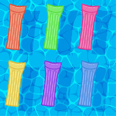 vector collection of air mattresses in water pool. inflatable colorful pool air mattress floating on the pool water. eps10