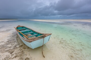 Fototapeta premium Tranquil turquoise boat on a sandy beach, under a stormy sky