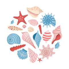 Round composition with colorful seashells and starfish. Marine themed decorative circle with ocean elements. Great for packaging, stickers, beach prints, invitations, and summer projects.