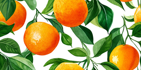Orange Citrus Fruits and Green Leaves Seamless Pattern. Fresh Healthy Food Botanical Design for...