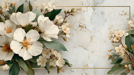 Elegant first communion template with white floral border for invitations and announcements. Template with white poster and white flowers. Copy space. For birthday, wedding