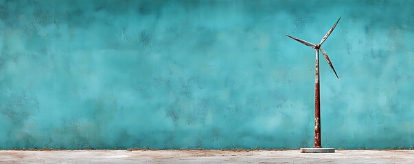 Energy stock market wind concept, A solitary wind turbine stands against a turquoise wall, highlighting themes of sustainability and clean energy in a minimalist outdoor setting.