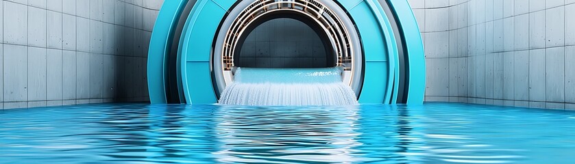 Energy stock power hydro concept, This image features a vibrant blue water flow from a modern industrial turbine, highlighting the intertwining of technology and nature in a serene environment.