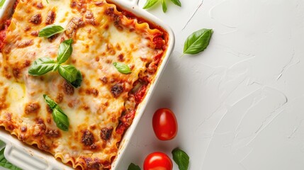A delicious baked lasagna, generously topped with melted cheese and fresh basil, served in a white baking dish