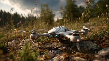 A drone is perched on a rocky surface, surrounded by vibrant wildflowers and tall grass. The warm light of late afternoon creates a serene atmosphere in the forest.