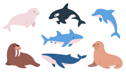 Vector set of sea animals including dolphin, whale, orca, shark, seal, walrus, and beluga. Cute marine creatures isolated on white. Perfect for kids' projects and educational materials. © vicktoriabbk