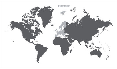 Minimalist Europe map-01, Map of Europe, highlighted on the world map, Europe on the world map, Satellite view, Europe location on the globe.