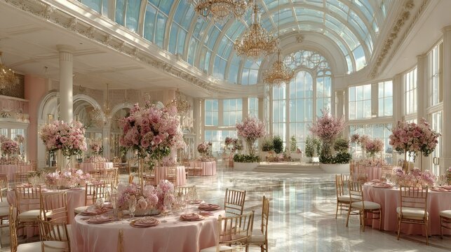 A beautifully decorated wedding venue features round tables set with pink linens, surrounded by vibrant floral arrangements and large windows allowing natural light to fill the space. - Powered by Adobe
