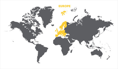 Minimalist Europe map-07, Map of Europe, highlighted on the world map, Europe on the world map, Satellite view, Europe location on the globe.