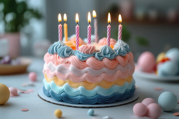 Birthday cake with lit candles.