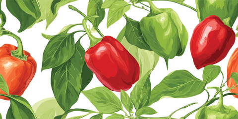 Bell Peppers and Leaves Seamless Pattern. Fresh Healthy Vegetable Food Design for trendy design, textile, packaging, fabric, wallpaper, branding, stationery, wrapping paper interior decor.