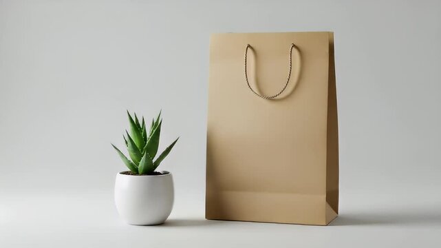 Brown Paper Bag with Green Succulent in White Pot on Gray Background for Adobe Stock Minimalist Retail and Shopping Packaging Design