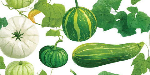 Green Gourd and Squash Vegetable Seamless Pattern. Healthy Harvest Botanical Design for textile, packaging, fabric, wallpaper, branding, stationery, wrapping paper interior decor.