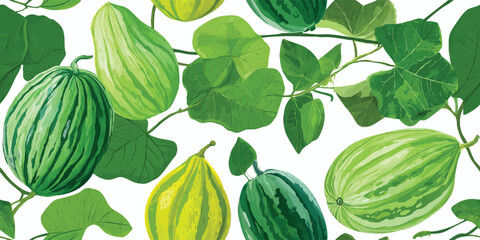 Green Gourd and Squash Vegetable Seamless Pattern. Healthy Harvest Botanical Design for textile, packaging, fabric, wallpaper, branding, stationery, wrapping paper interior decor.