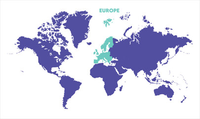 World map with Europe focus-02, Map of Europe, highlighted on the world map, Europe on the world map, Satellite view, Europe location on the globe.