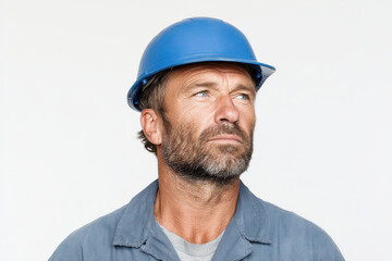 portrait of electrician confidently gazing into distance positioned on left side of frame