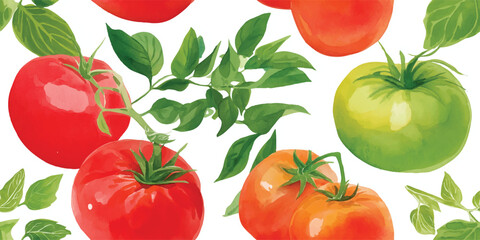 Ripe Tomato and Green Leaves Seamless Pattern. Fresh Harvest Botanical Design for textile, packaging, fabric, wallpaper, branding, stationery, wrapping paper interior decor.