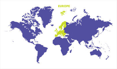 World map with Europe focus-08, Map of Europe, highlighted on the world map, Europe on the world map, Satellite view, Europe location on the globe.