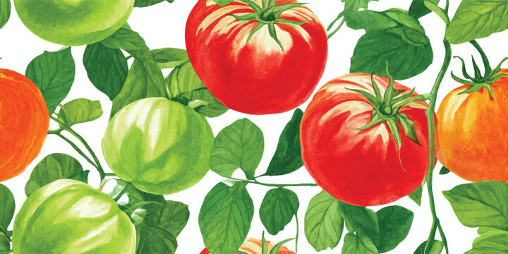 Ripe Tomato and Green Leaves Seamless Pattern. Fresh Harvest Botanical Design for textile, packaging, fabric, wallpaper, branding, stationery, wrapping paper interior decor.