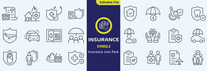Insurance thin line icons set. Insurance editable stroke symbols collection. Life, car, house, care, money, pet insurance editable stroke icon. Vector illustration