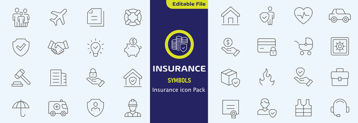 Insurance thin line icons set. Insurance editable stroke symbols collection. Life, car, house, care, money, pet insurance editable stroke icon. Vector illustration