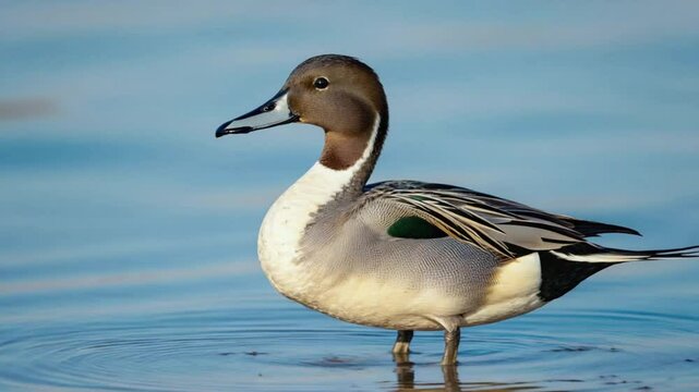 A northern pintail duck stands in shallow water displaying its distinctive long neck and patterned plumage