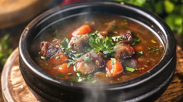Sup ekor oxtail soup in dish with smoke around