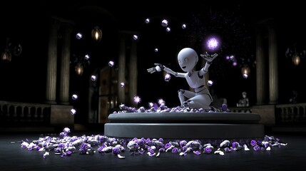 Robot surrounded by floating purple lights