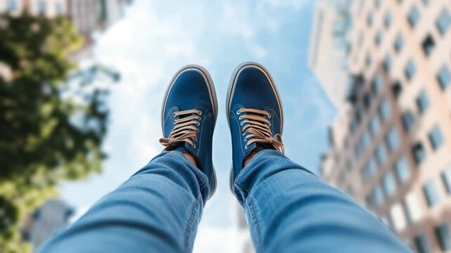Blue canvas shoes against building and sky background fashion and travel theme