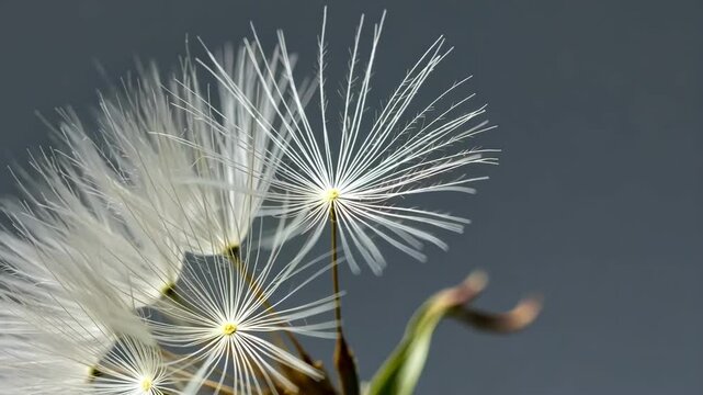 Close-up of delicate dandelion seeds against a soft background.