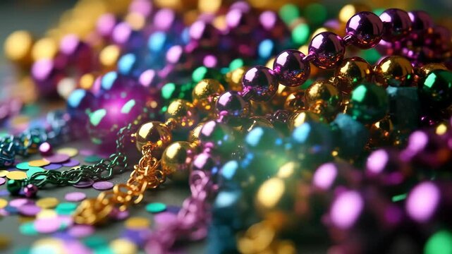 Close-up of colorful Mardi Gras beads and sparkling confetti scattered on a party table 