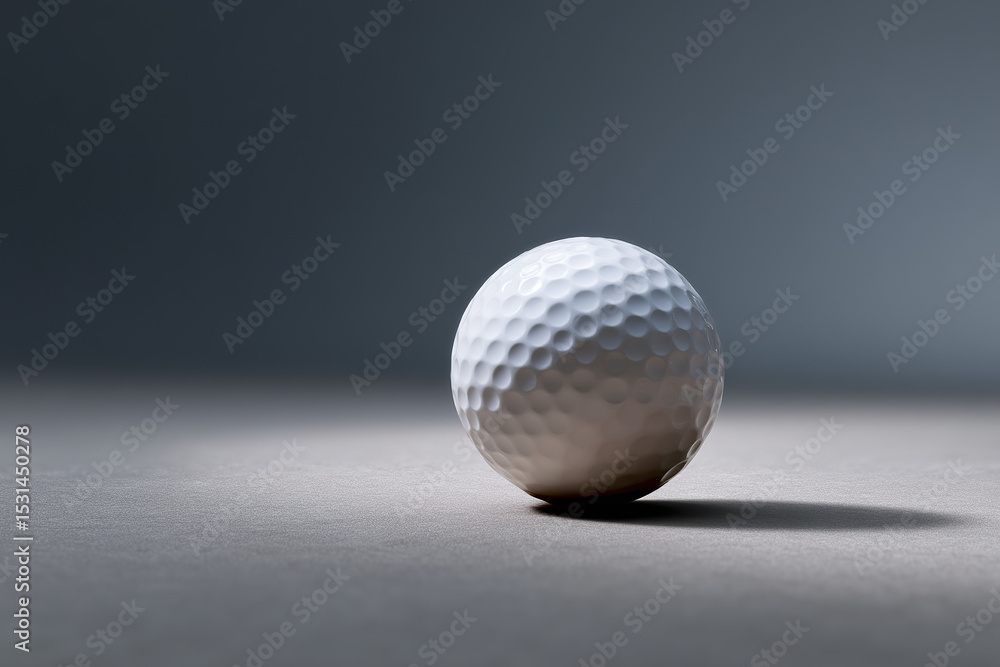 Poster close-up of a textured white ball. the dimpled pattern is iconic, set against a gradient gray backdr