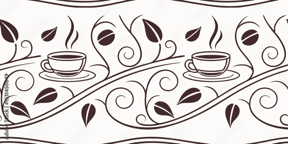 Poster elegant seamless vector border design with coffee cups and leaves pattern