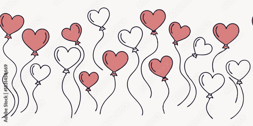 Poster seamless vector border design with floating heart-shaped balloons